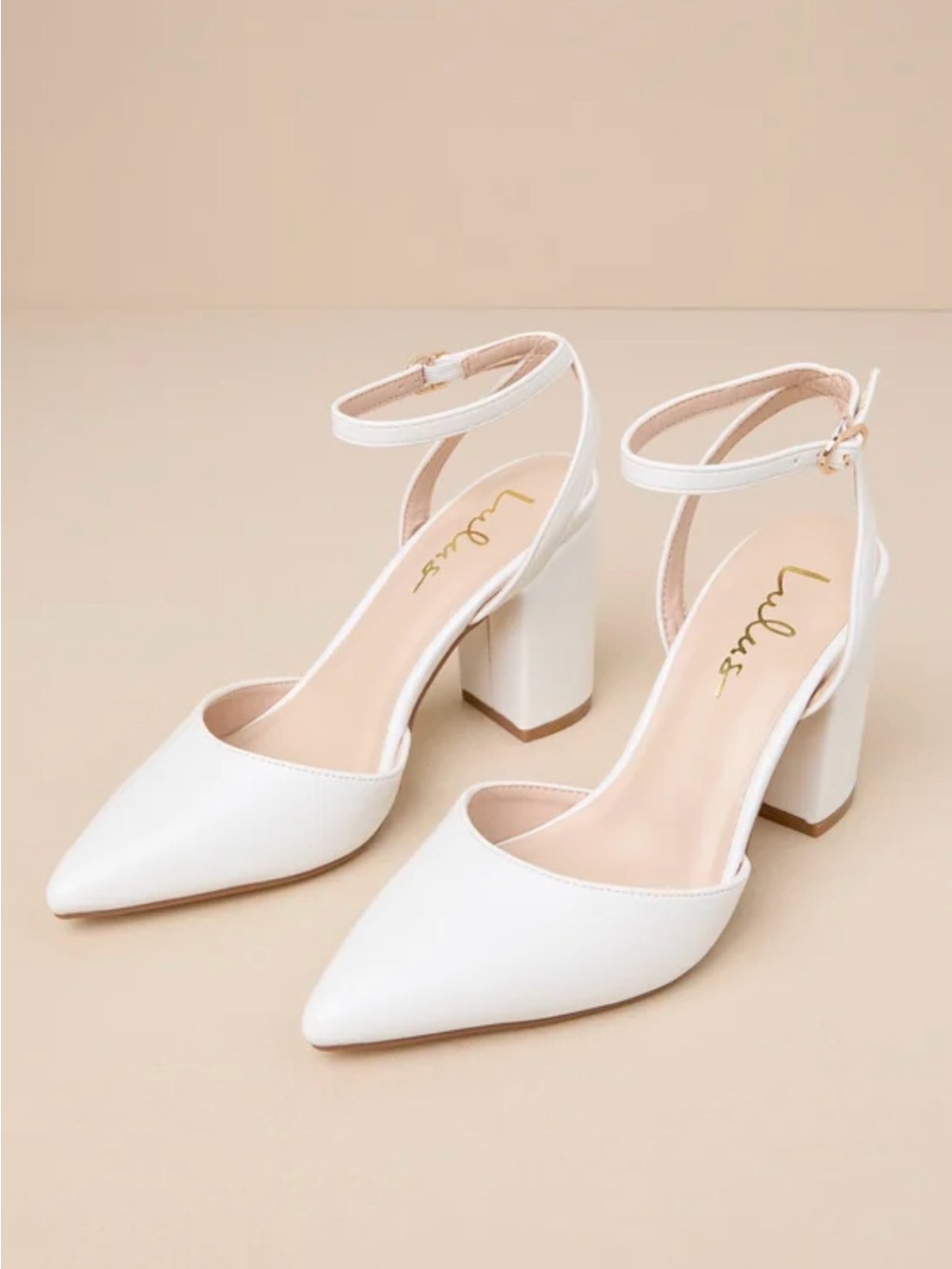 Lulu's Embly White Pointed Toe Ankle Strap Pumps